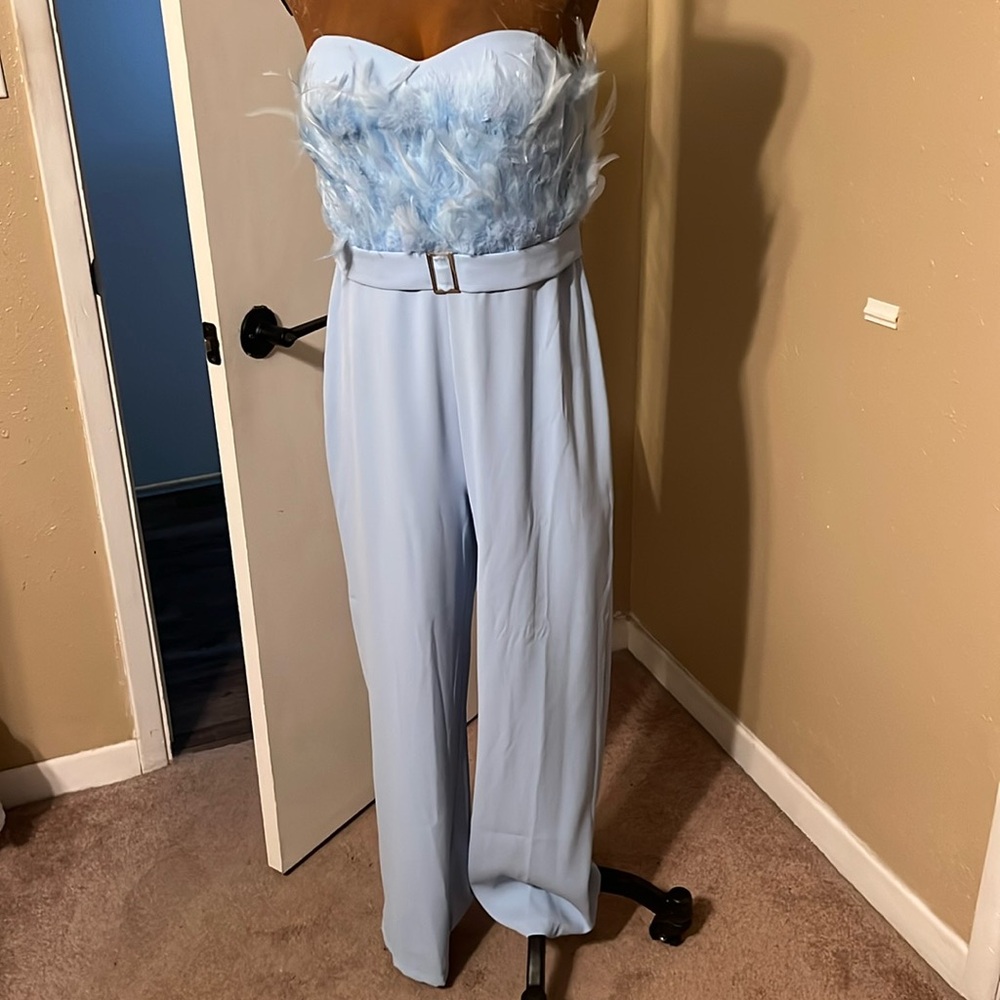 Baby blue, straight leg jumpsuit with feather.